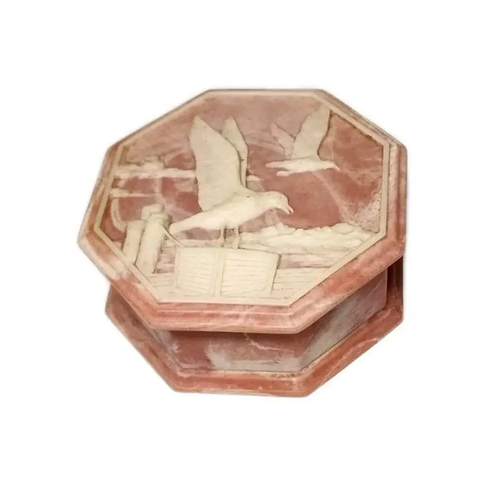 Vnt Incolay Trinket Box Jewlery Stone Pink & White Seagull On The Pier Large